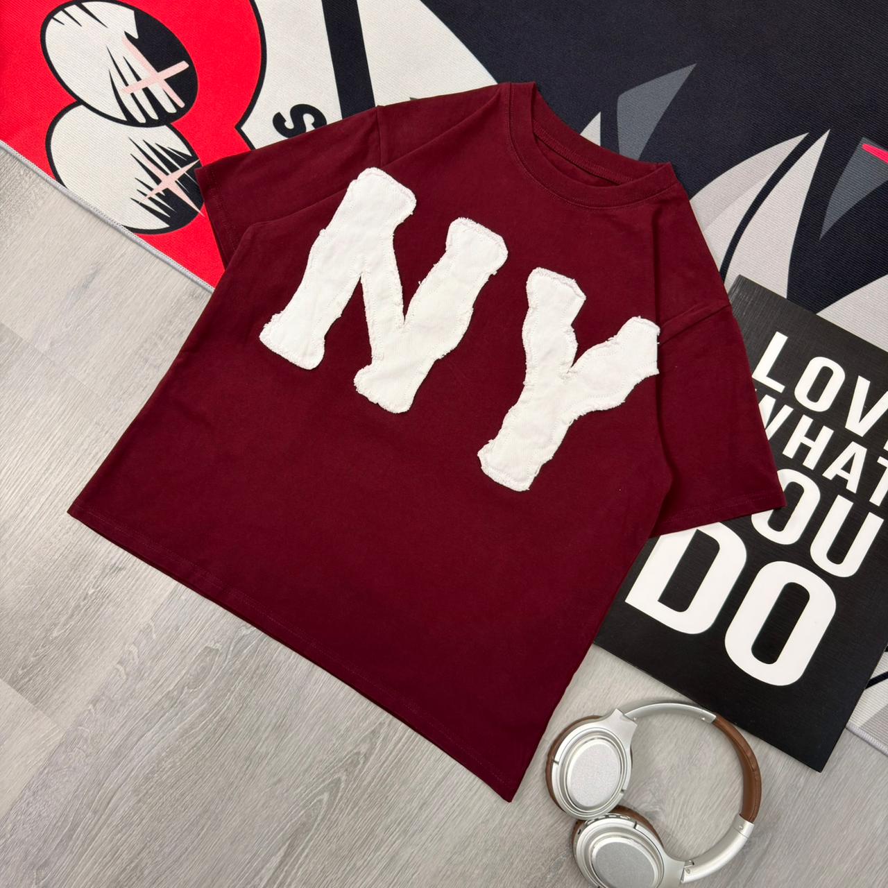 Premium Oversized NY Patch Cotton T-Shirt Maroon - Image 3