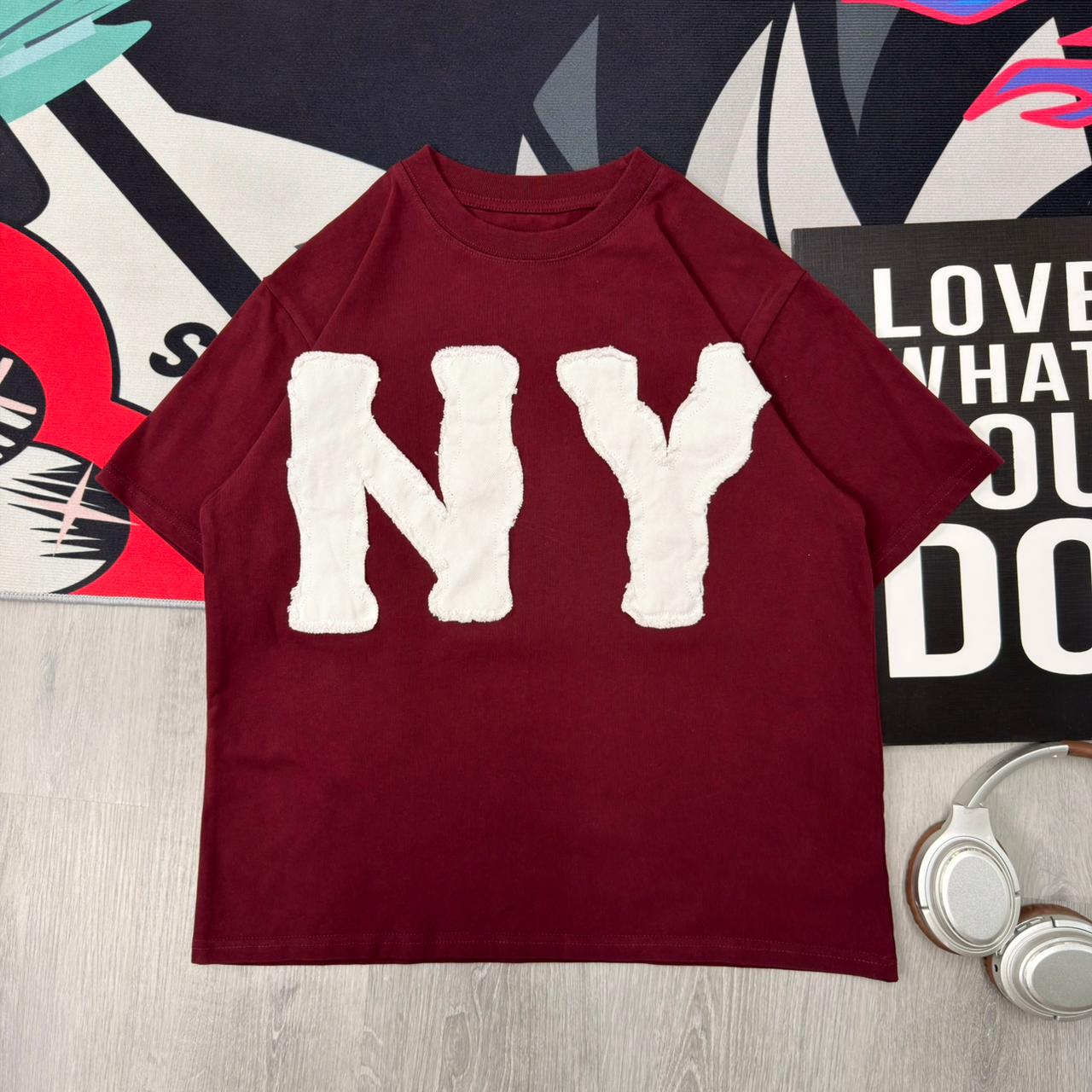 Premium Oversized NY Patch Cotton T-Shirt Maroon - Image 2