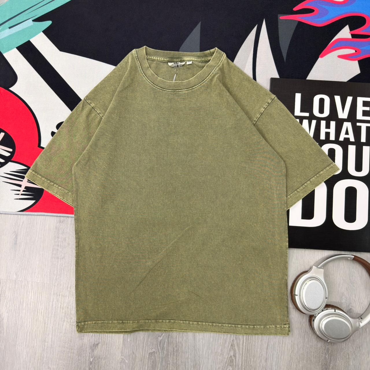 Premium Washed Olive Green Oversized Cotton T-Shirt - Image 2