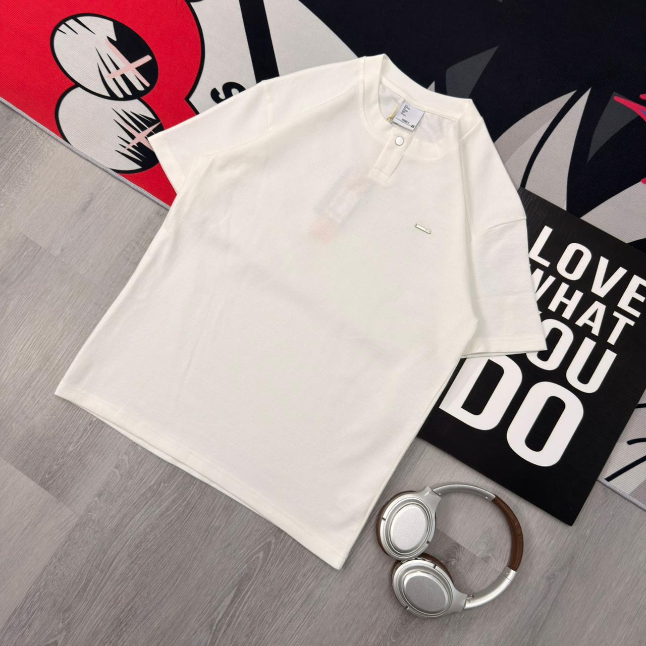 Premium Henley Oversized Off-White Cotton T-Shirt - Image 3