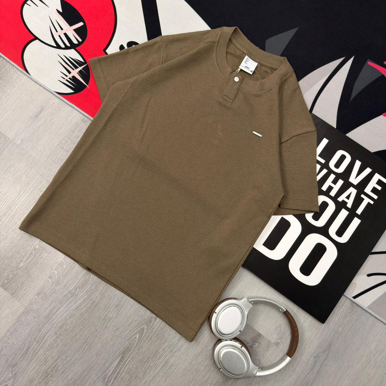 Premium Henley Oversized Brown Cotton T-Shirt