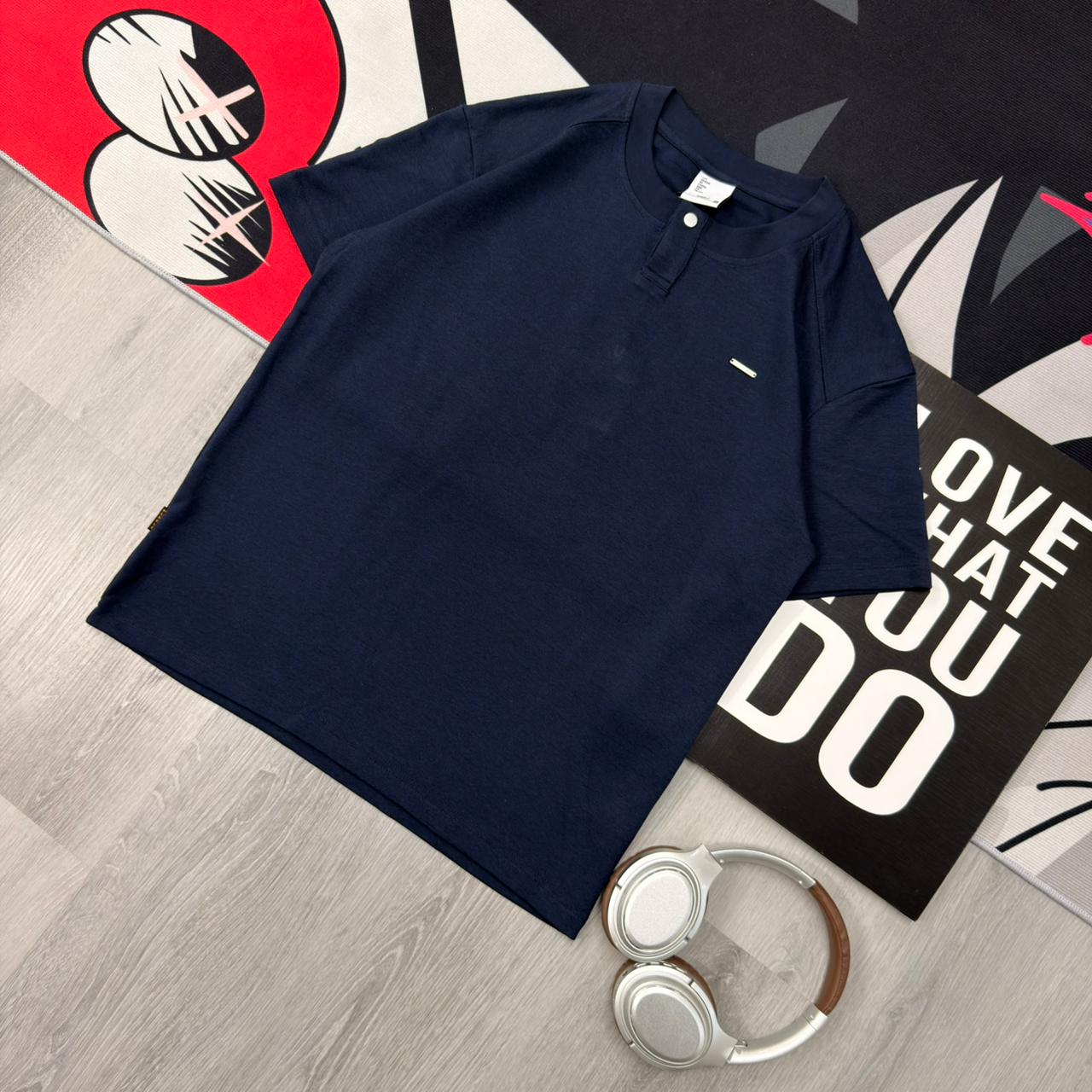 Premium Henley Oversized Dark Blue Cotton T-Shirt - Image 3