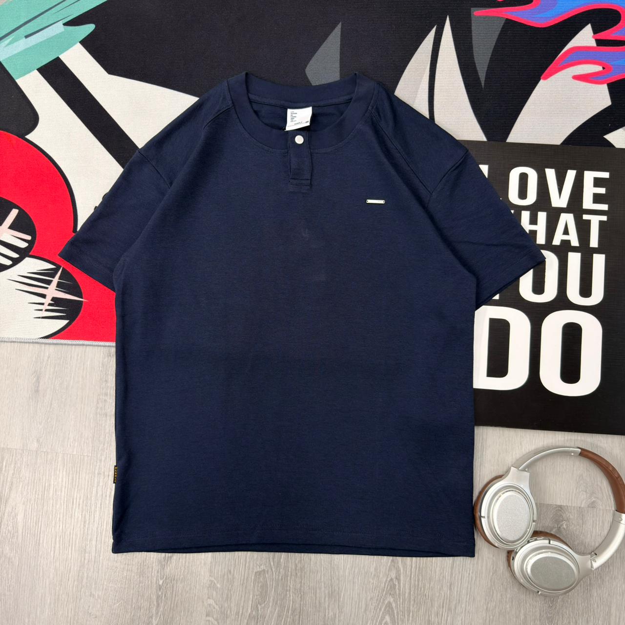 Premium Henley Oversized Dark Blue Cotton T-Shirt - Image 2