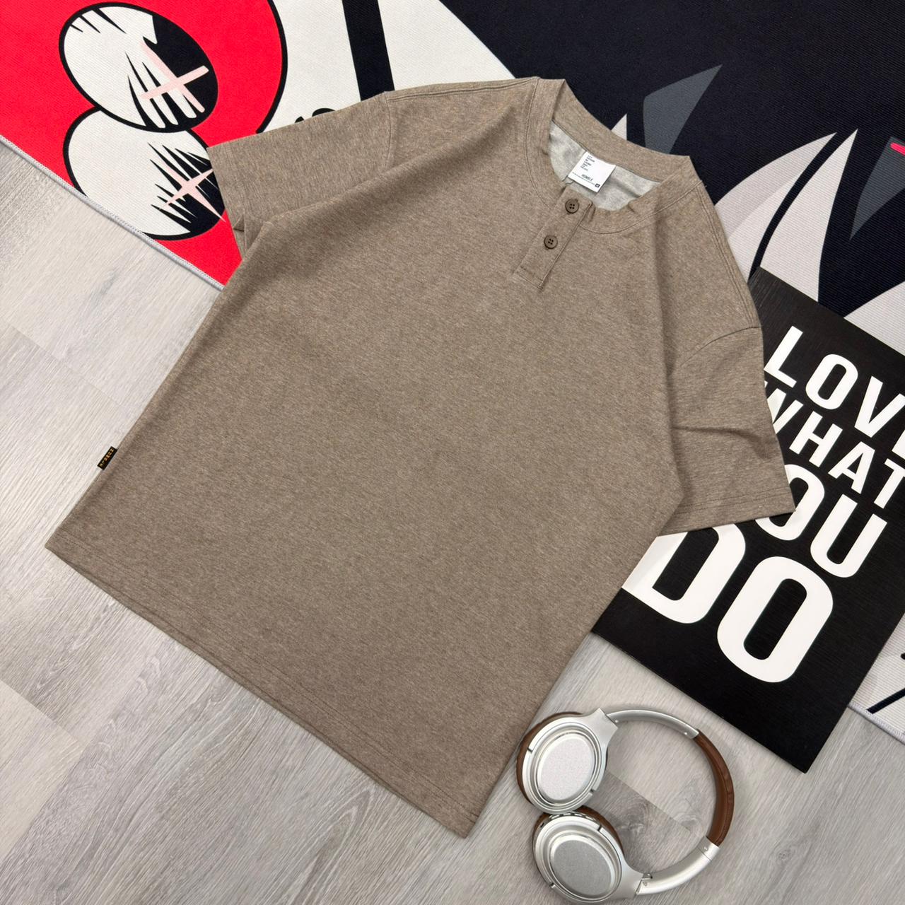 Premium Henley Oversized Taupe Cotton 2-Button T-Shirt - Image 3