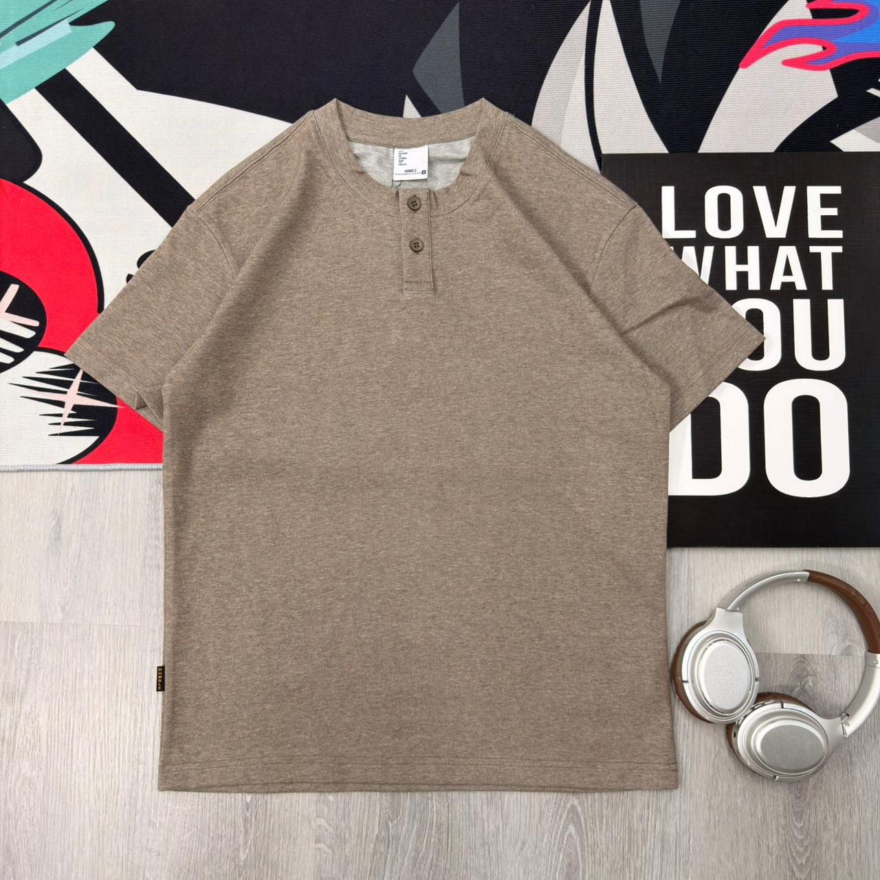 Premium Henley Oversized Taupe Cotton 2-Button T-Shirt - Image 2