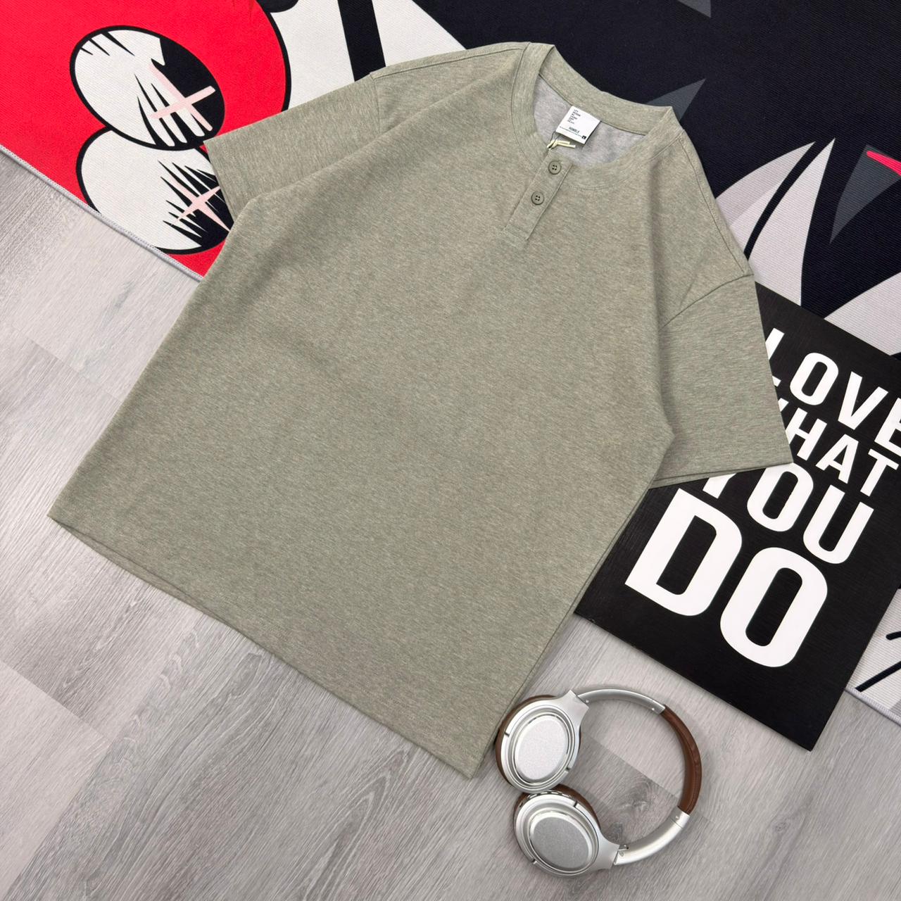 Premium Henley Oversized Olive Grey Cotton 2-Button T-Shirt - Image 3