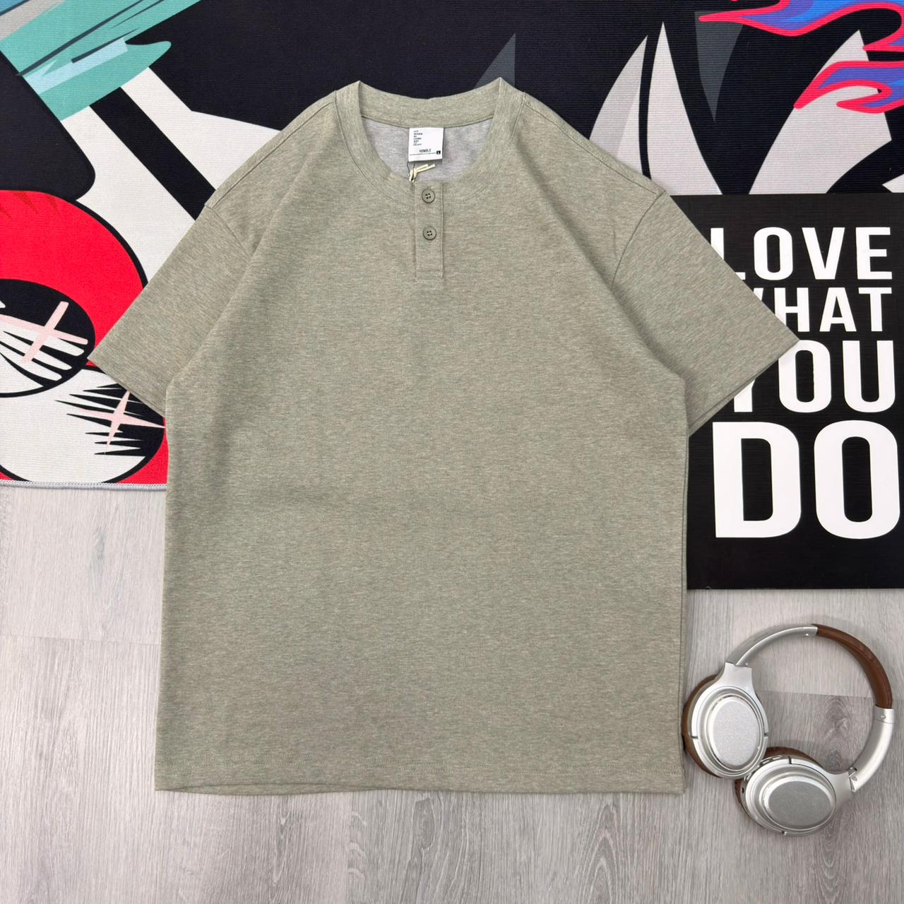 Premium Henley Oversized Olive Grey Cotton 2-Button T-Shirt - Image 2