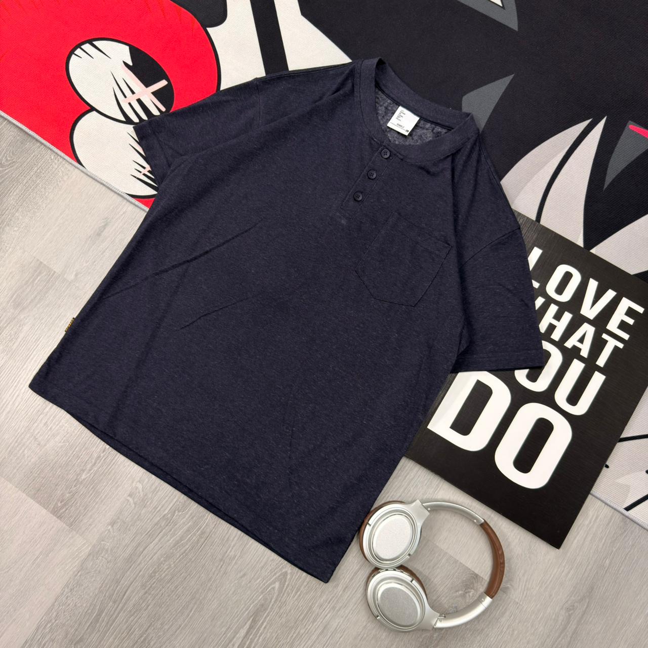 Premium Henley Oversized Navy Cotton 3-Button T-Shirt - Image 3