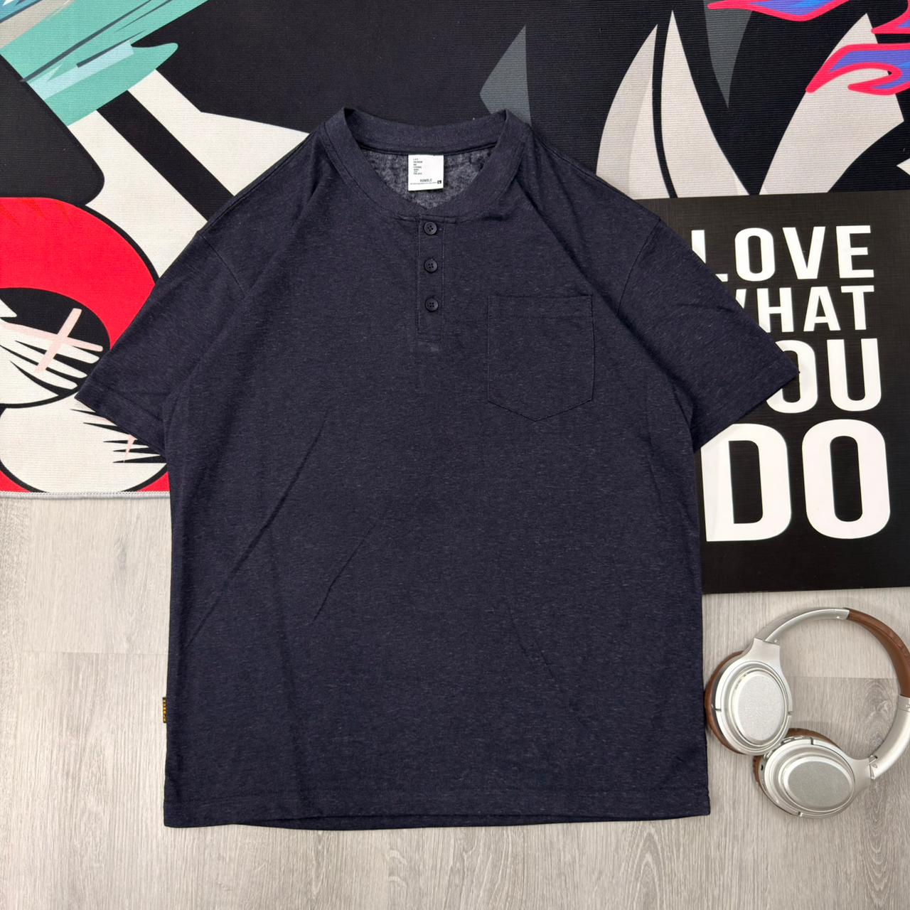 Premium Henley Oversized Navy Cotton 3-Button T-Shirt - Image 2