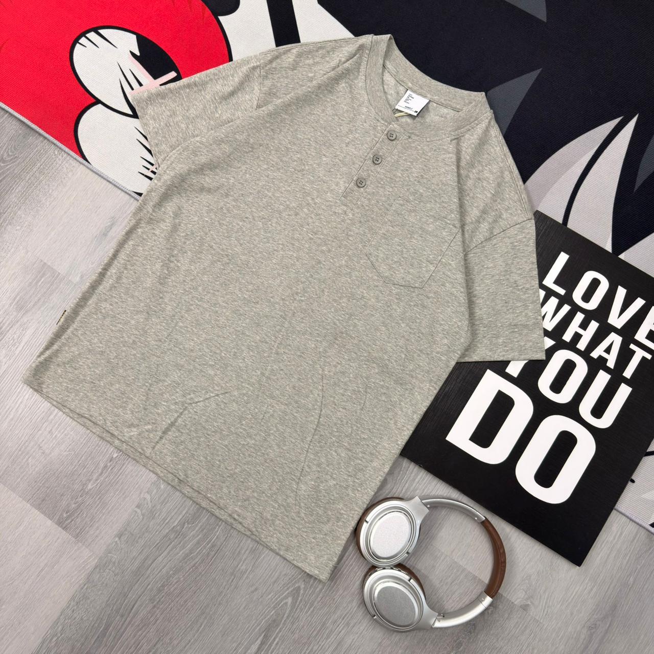 Premium Henley Oversized Grey Cotton 3-Button T-Shirt - Image 3