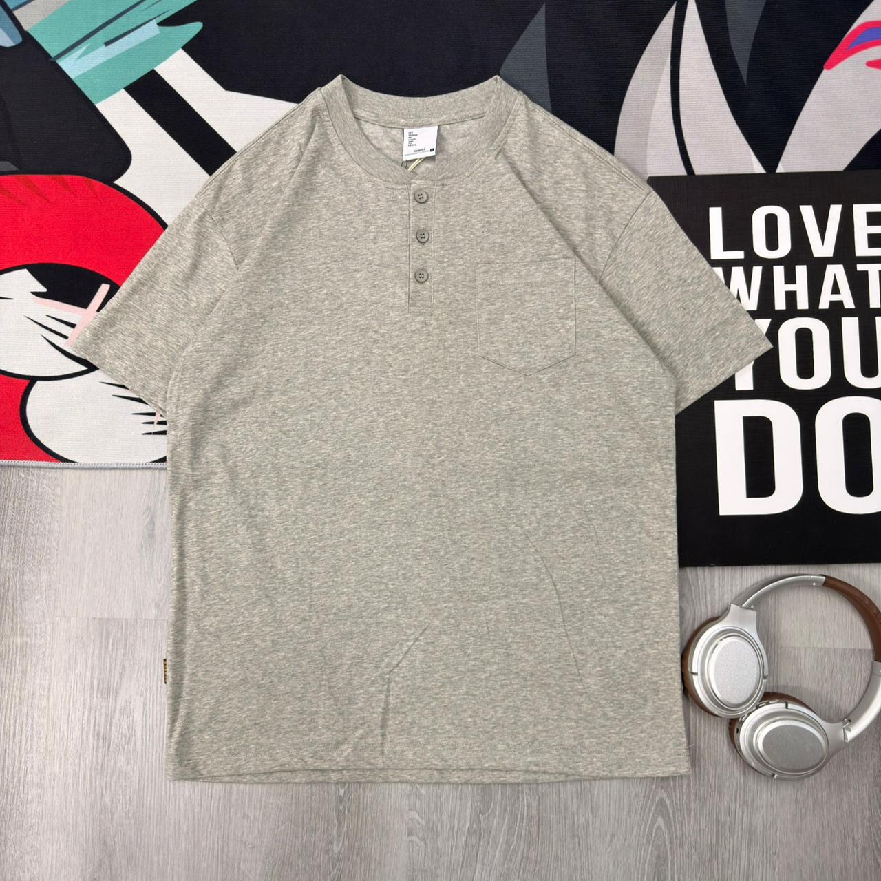 Premium Henley Oversized Grey Cotton 3-Button T-Shirt - Image 2