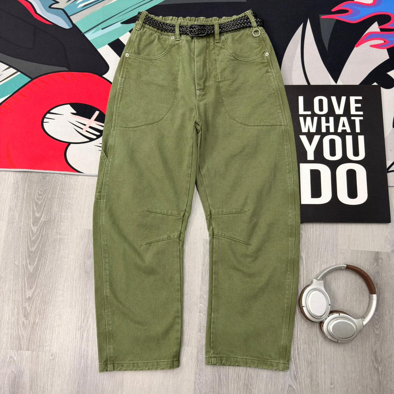 Vintage Utility Relaxed Fit Casual Workwear Streetwear Pants Olive Green - Image 3