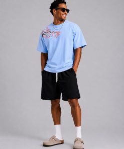 Premium Embroidered Cotton T Shirt Casual Streetwear Powder Blue Tee