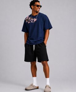 Premium Embroidered Cotton T Shirt Casual Streetwear Dark Blue Tee