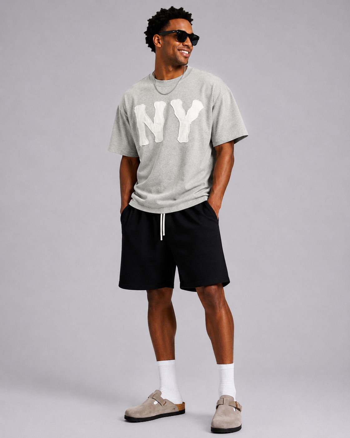 Premium Oversized NY Patch Cotton T-Shirt Grey