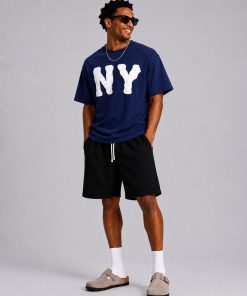 Premium Oversized NY Patch Cotton T-Shirt Navy Blue