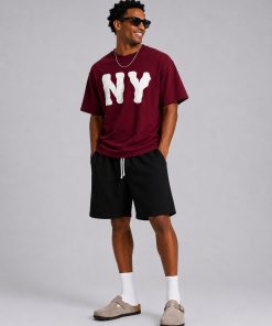 Premium Oversized NY Patch Cotton T-Shirt Maroon