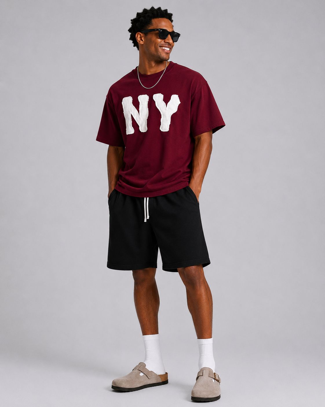 Premium Oversized NY Patch Cotton T-Shirt Maroon