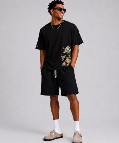 Premium Embroidered Cotton T Shirt Casual Streetwear Black Tee