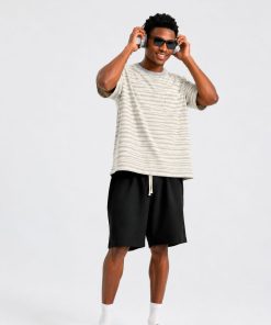 Premium Oversized Light Cream Striped Cotton T-Shirt
