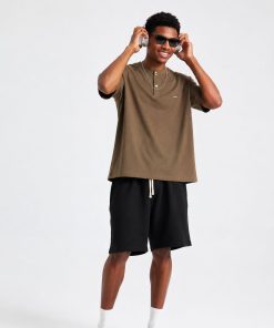 Premium Henley Oversized Taupe Cotton 2-Button T-Shirt