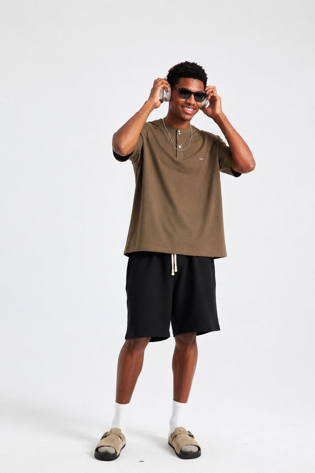 Premium Henley Oversized Taupe Cotton 2-Button T-Shirt