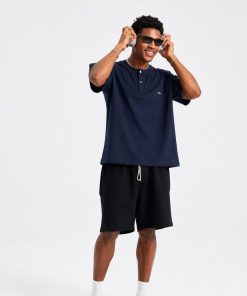 Premium Henley Oversized Dark Blue Cotton T-Shirt