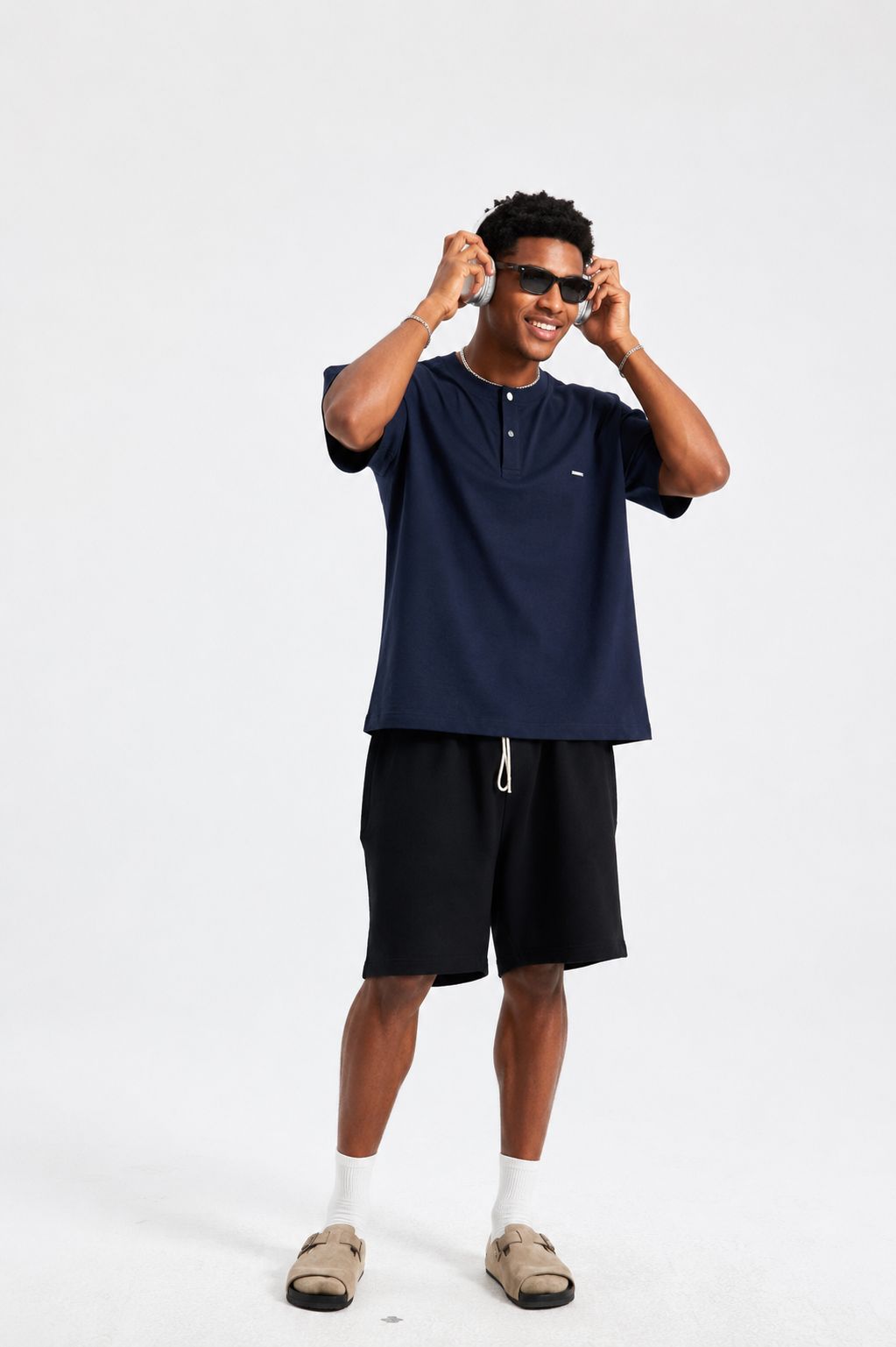 Premium Henley Oversized Dark Blue Cotton T-Shirt