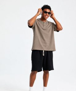 Premium Henley Oversized Olive Grey Cotton 2-Button T-Shirt