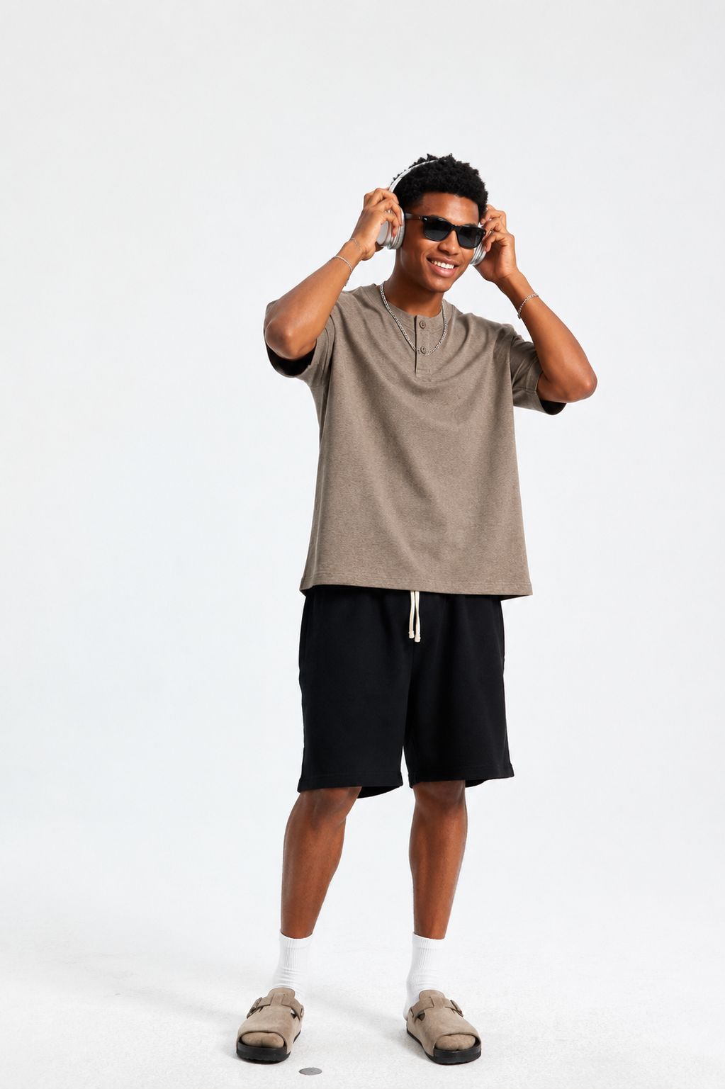 Premium Henley Oversized Olive Grey Cotton 2-Button T-Shirt
