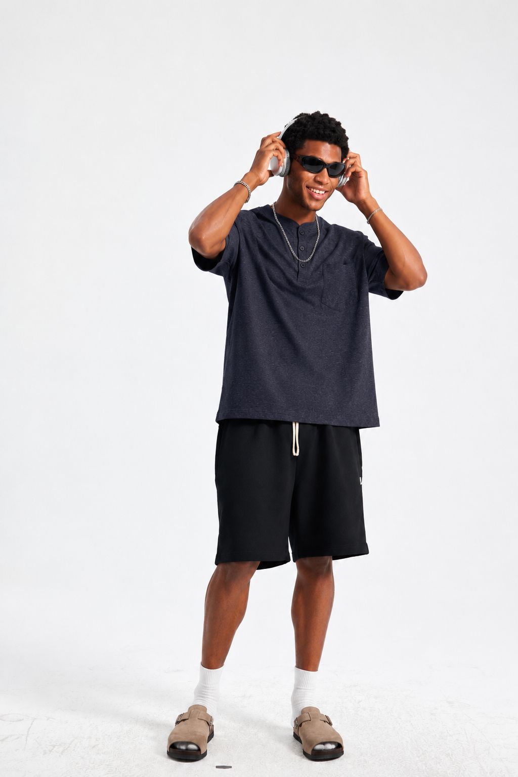 Premium Henley Oversized Navy Cotton 3-Button T-Shirt