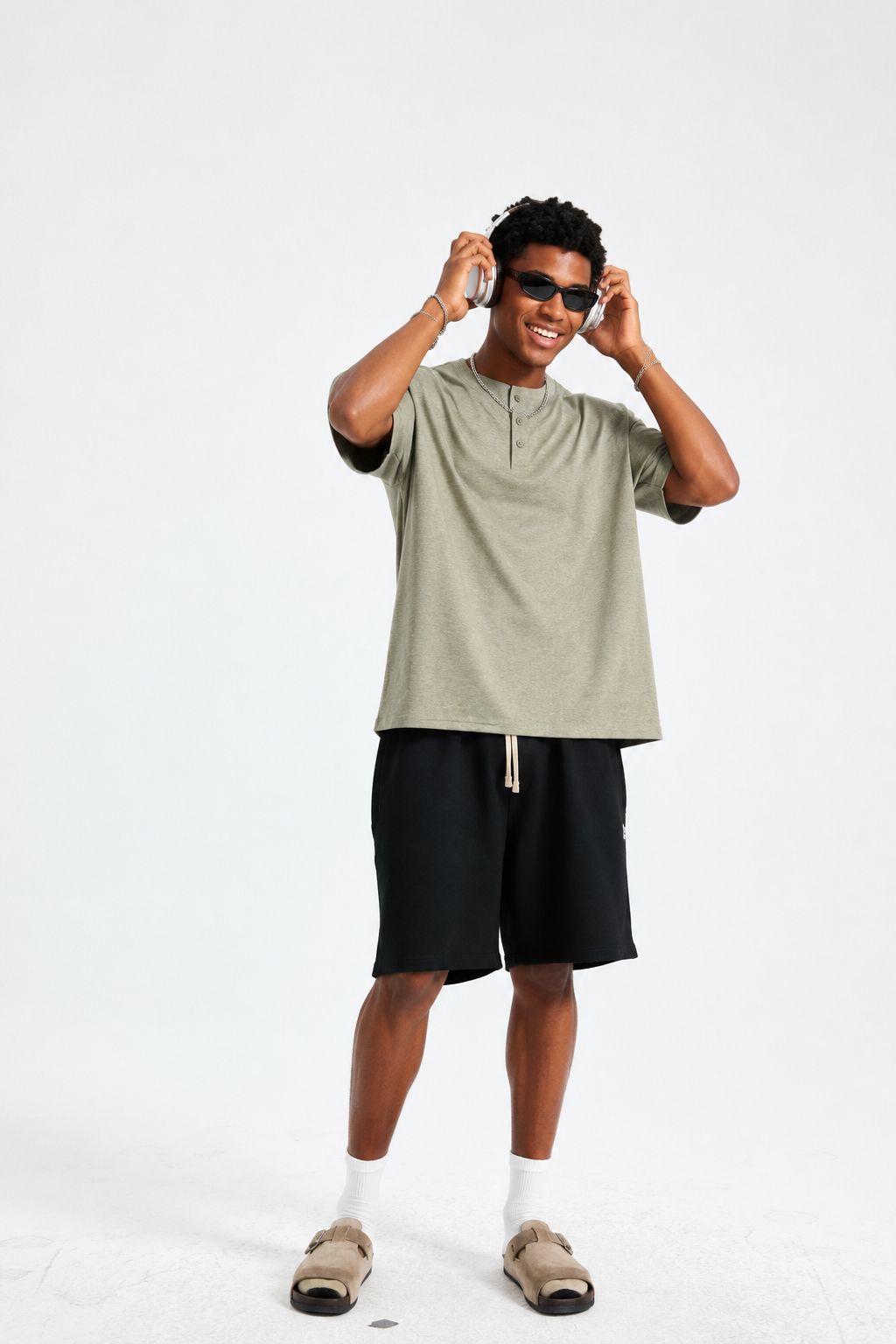 Premium Henley Oversized Grey Cotton 3-Button T-Shirt