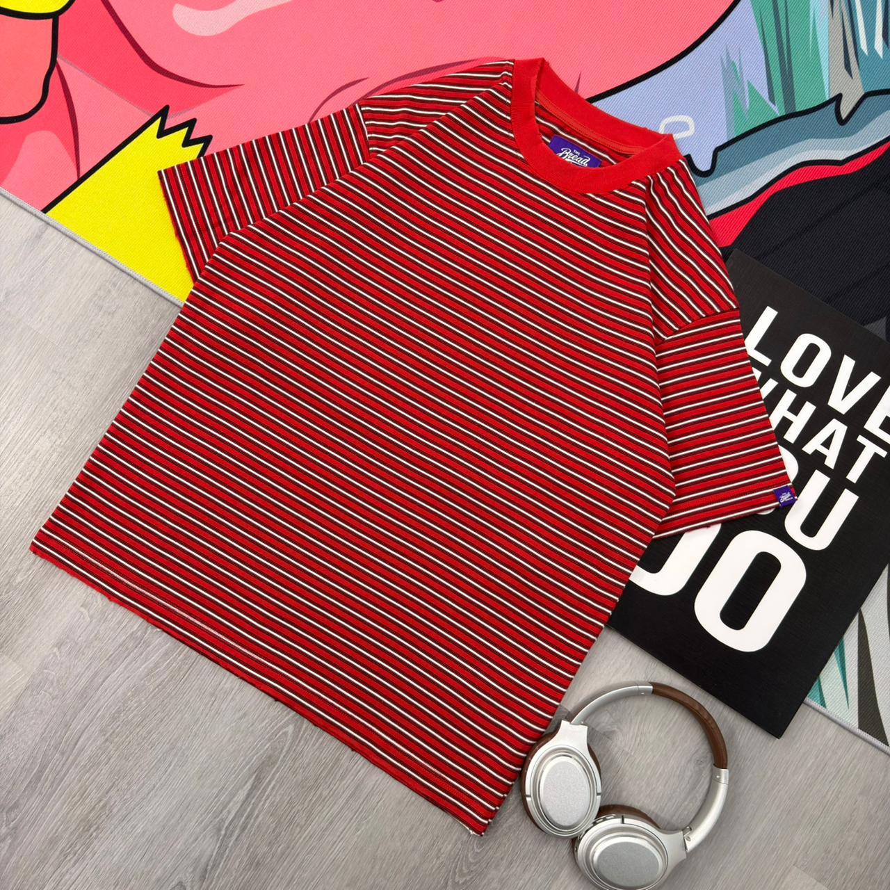 Premium Oversized Striped Cotton T-Shirt Red - Image 3