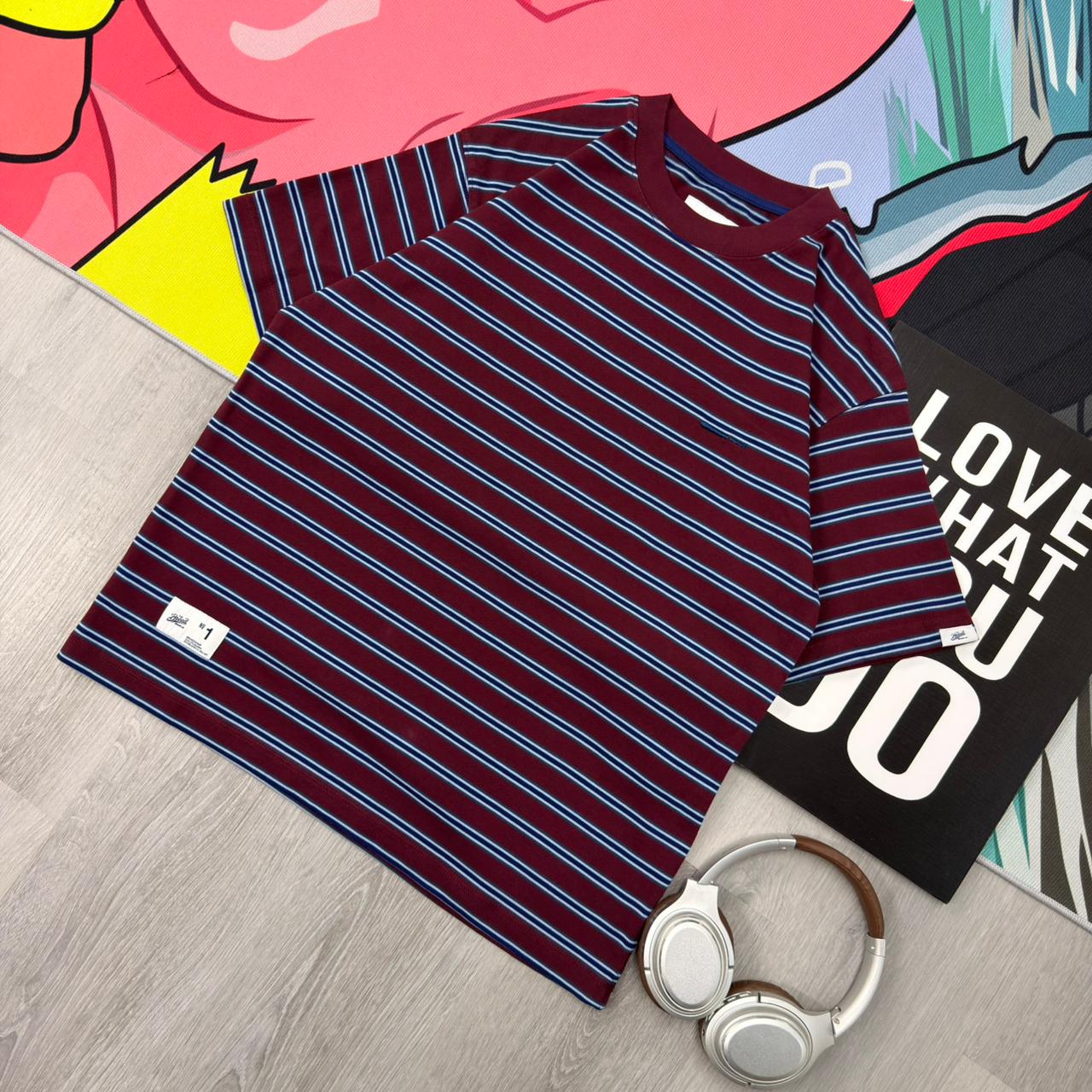 Premium Oversized Striped Cotton T-Shirt Maroon Navy - Image 3