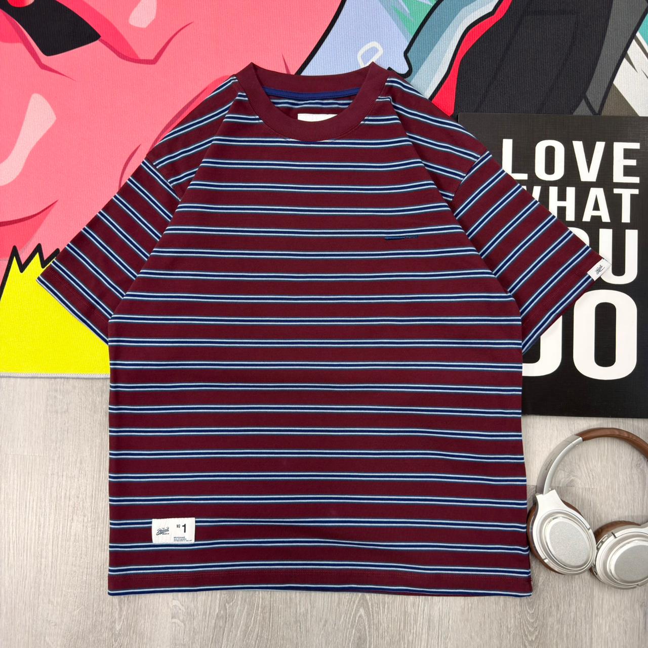 Premium Oversized Striped Cotton T-Shirt Maroon Navy - Image 2