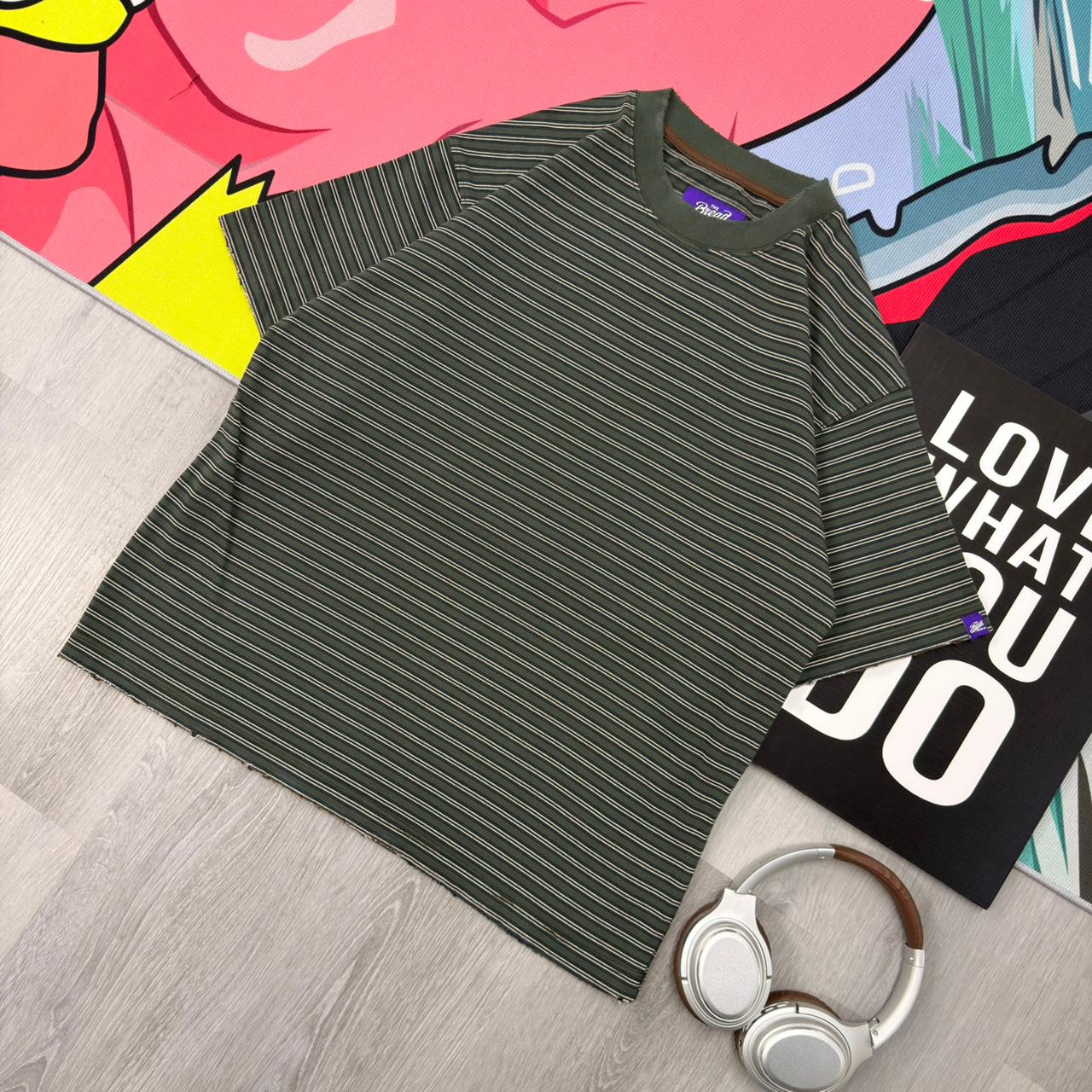 Premium Oversized Striped Cotton T-Shirt Olive Green - Image 3