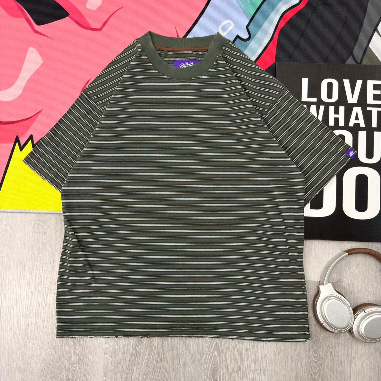 Premium Oversized Striped Cotton T-Shirt Olive Green - Image 2