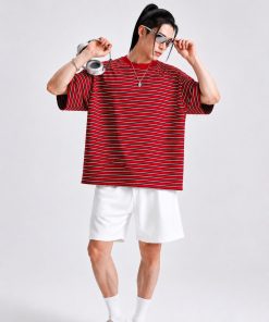 Premium Oversized Striped Cotton T-Shirt Red