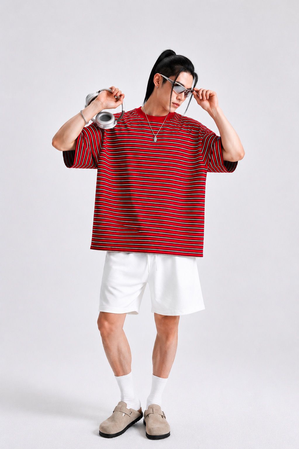 Premium Oversized Striped Cotton T-Shirt Red