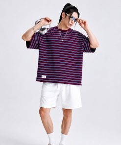 Premium Oversized Striped Cotton T-Shirt Maroon Navy