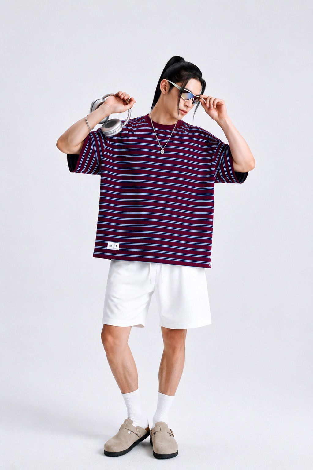 Premium Oversized Striped Cotton T-Shirt Maroon Navy
