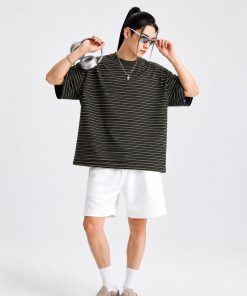 Premium Oversized Striped Cotton T-Shirt Olive Green