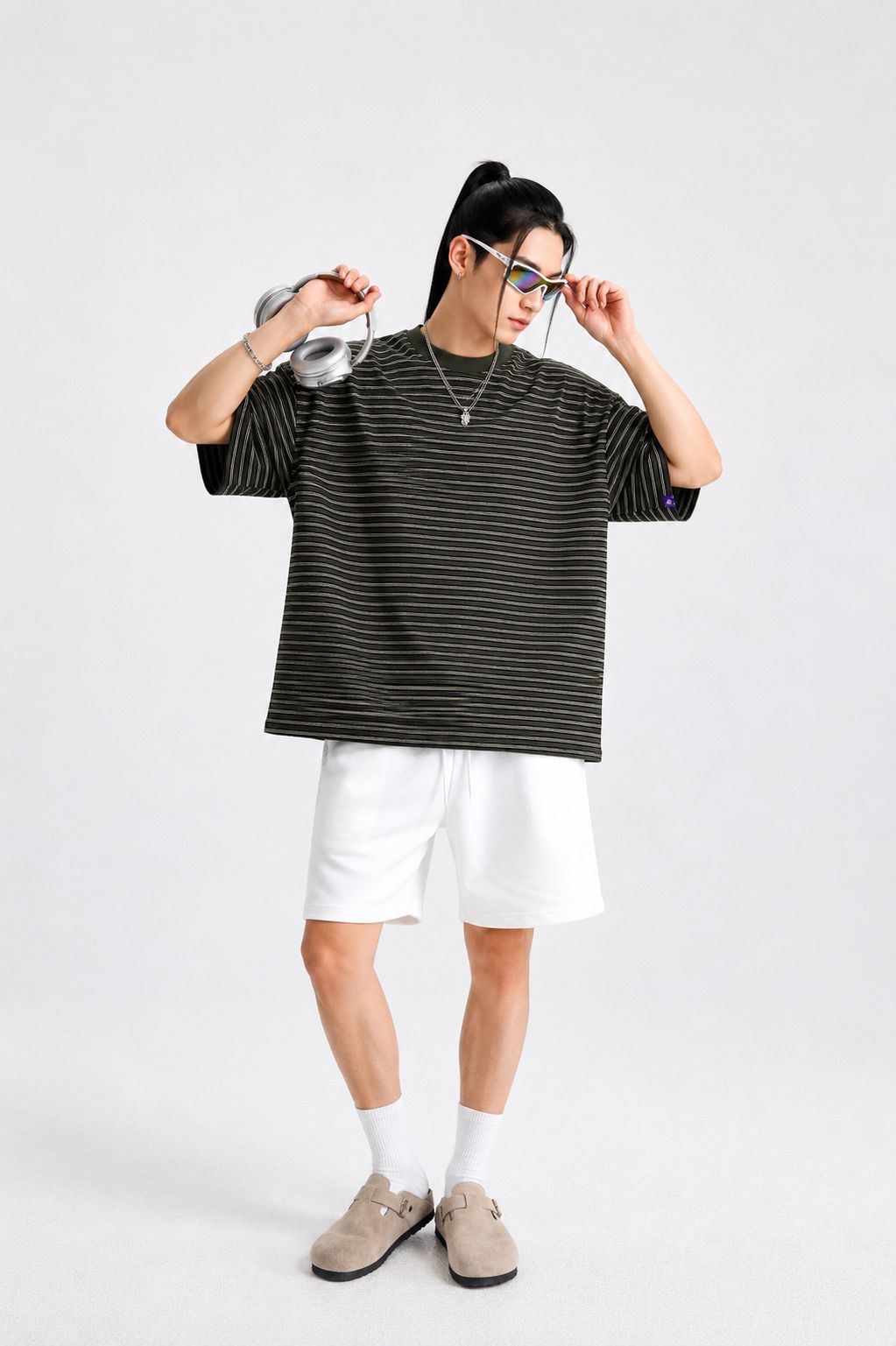 Premium Oversized Striped Cotton T-Shirt Olive Green