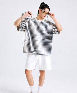 Premium Oversized Cream/Navy Striped Cotton T-Shirt