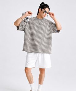 Premium Oversized Striped Cotton T-Shirt Grey
