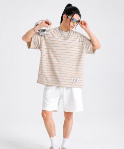 Premium Oversized Cream/Orange Striped Cotton T-Shirt