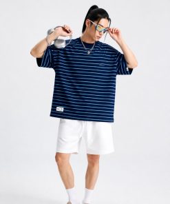 Premium Oversized Blue Striped Cotton T-Shirt