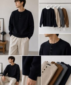 Ribbed Knit Sweater with Chest-Level Button