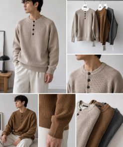 Ribbed Knit Sweater with Chest-Level Button
