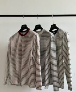 Classic Striped Ribbed Long-Sleeve Crew Neck Casual T-Shirt